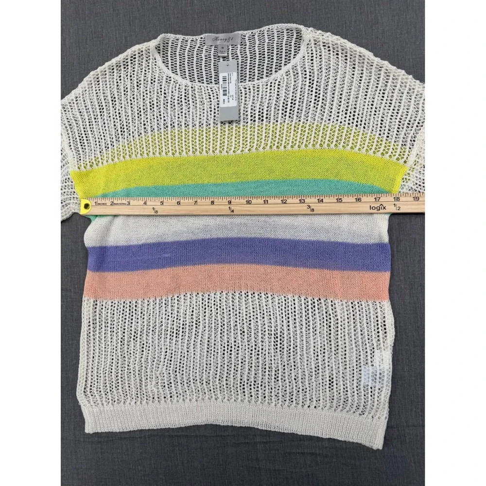 Honey & T Francescas Rainbow Stripe Open Weave‎ Knit Sweater Cream Medium NEW